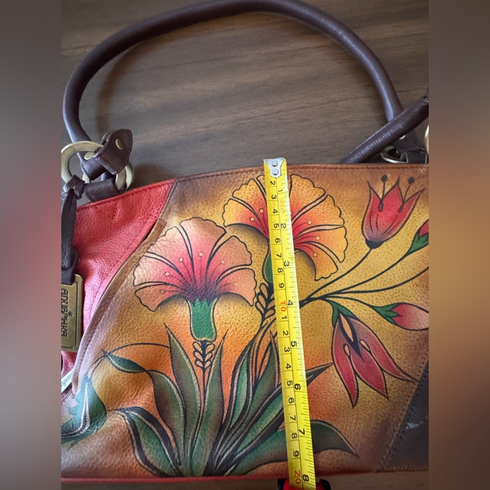 Anuschka Hand-Painted Floral Leather Shoulder Bag - Brown and Red - Picture 11 of 12